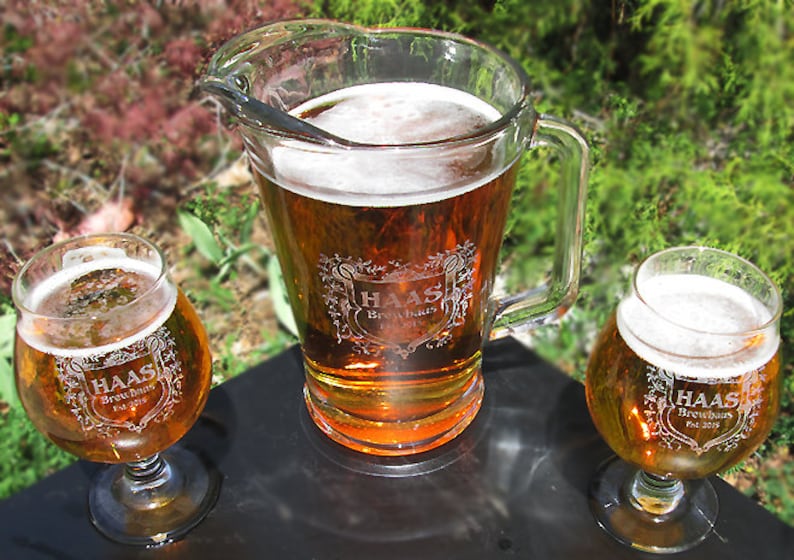 Custom Beer Pitcher and Belgian Beer Goblets Set Personalized