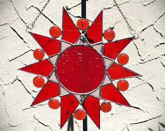 Starburst Stained Glass Suncatcher in Red, REAL stained glass handmade in Rockford, Illinois