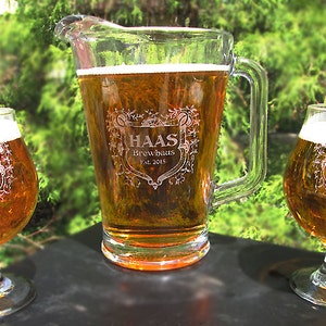 Belgian Beer Glasses and Pitcher Set with Shield Design Custom Engraved