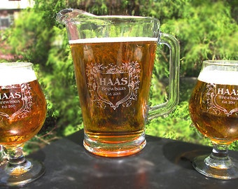 Personalized Beer Goblet and Pitcher Set, Custom Engraved Gift Set, Engraved Beer Glass, Engraved Beer Goblet, Personalized Beer Glass