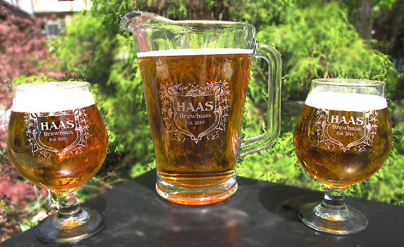 Belgian Beer Glasses and Pitcher Set with Shield Design Custom Engraved