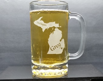 Personalized Michigan Beer Mug: Engraved Home State Gift