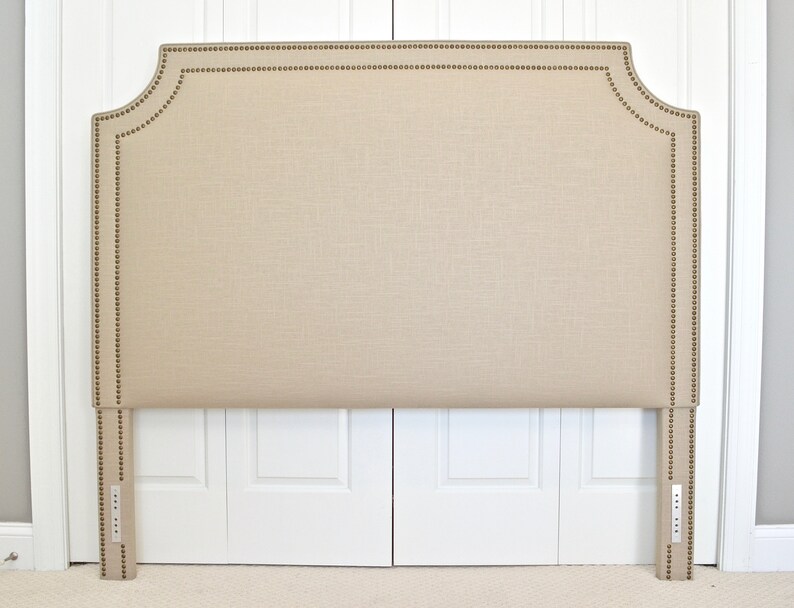 King Natural Linen Fabric Belgrave Shape Twin Size Double Row Oil-Rubbed Bronze Nailheads Full Queen Upholstered Headboard