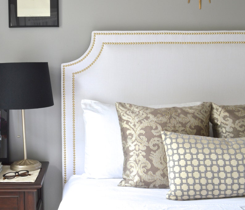 Upholstered Headboard King Queen Full Twin Size Belgrave Shaped White Linen Fabric Double Row Bright Brass Gold Nailhead Trim