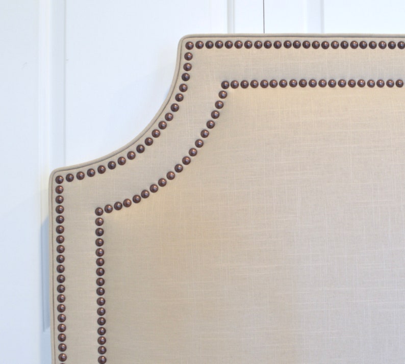 King Natural Linen Fabric Belgrave Shape Twin Size Double Row Oil-Rubbed Bronze Nailheads Full Queen Upholstered Headboard