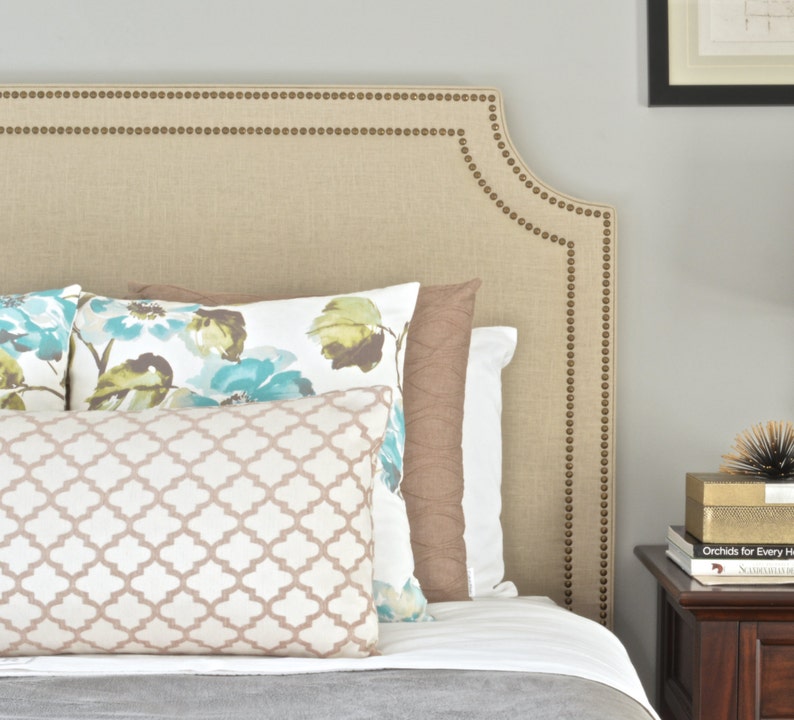 King Natural Linen Fabric Belgrave Shape Twin Size Double Row Oil-Rubbed Bronze Nailheads Full Queen Upholstered Headboard