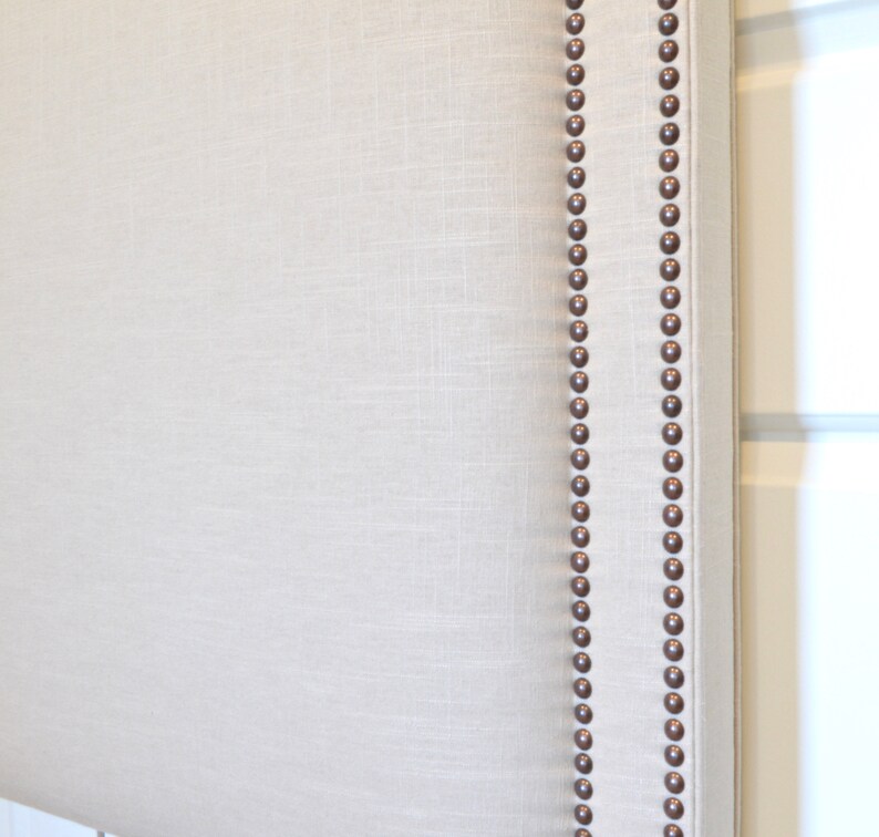 King Natural Linen Fabric Belgrave Shape Twin Size Double Row Oil-Rubbed Bronze Nailheads Full Queen Upholstered Headboard