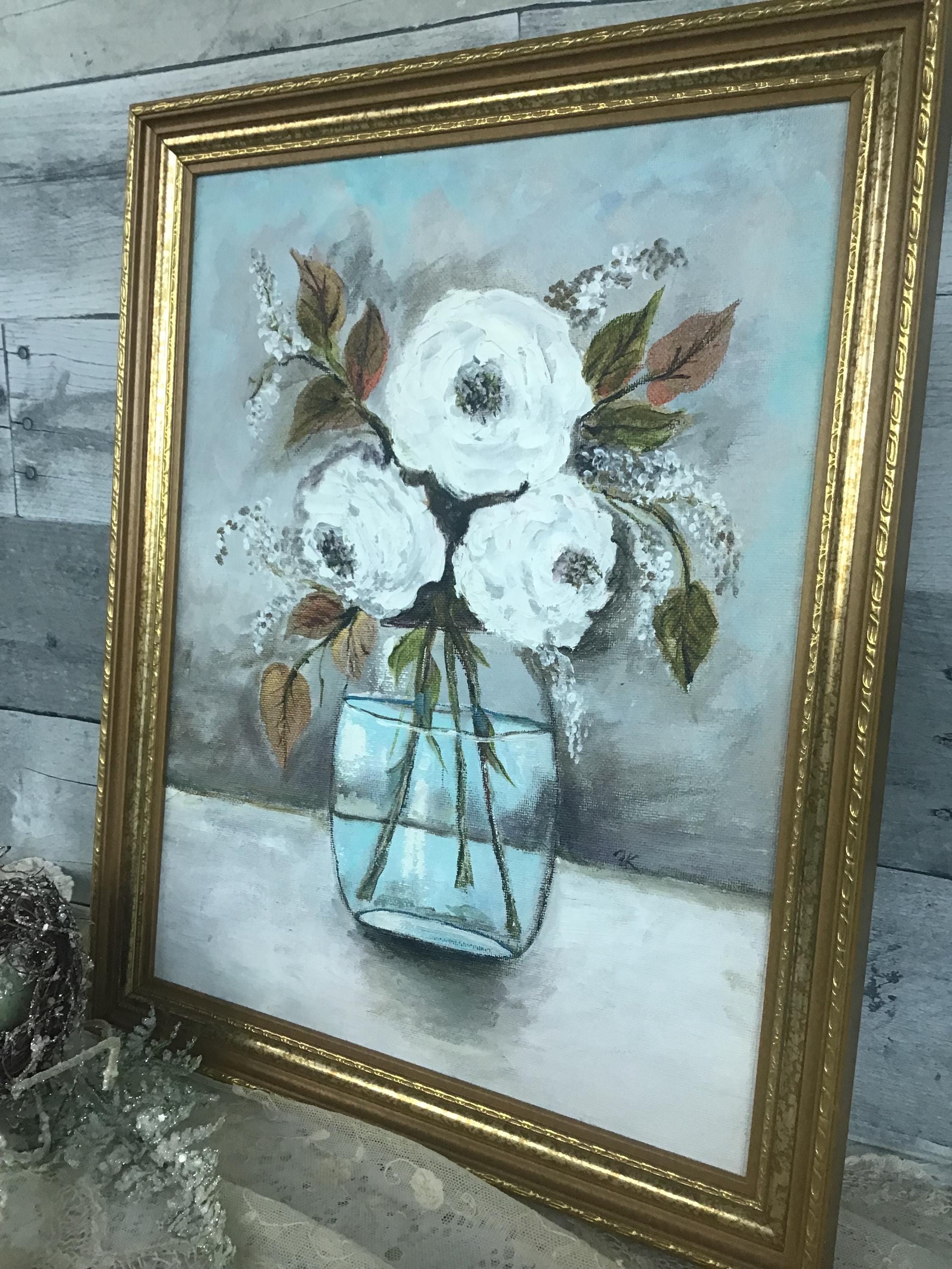 Original Shabby White ROSES Glass Vase PAINTING Wall Décor Still Life ...