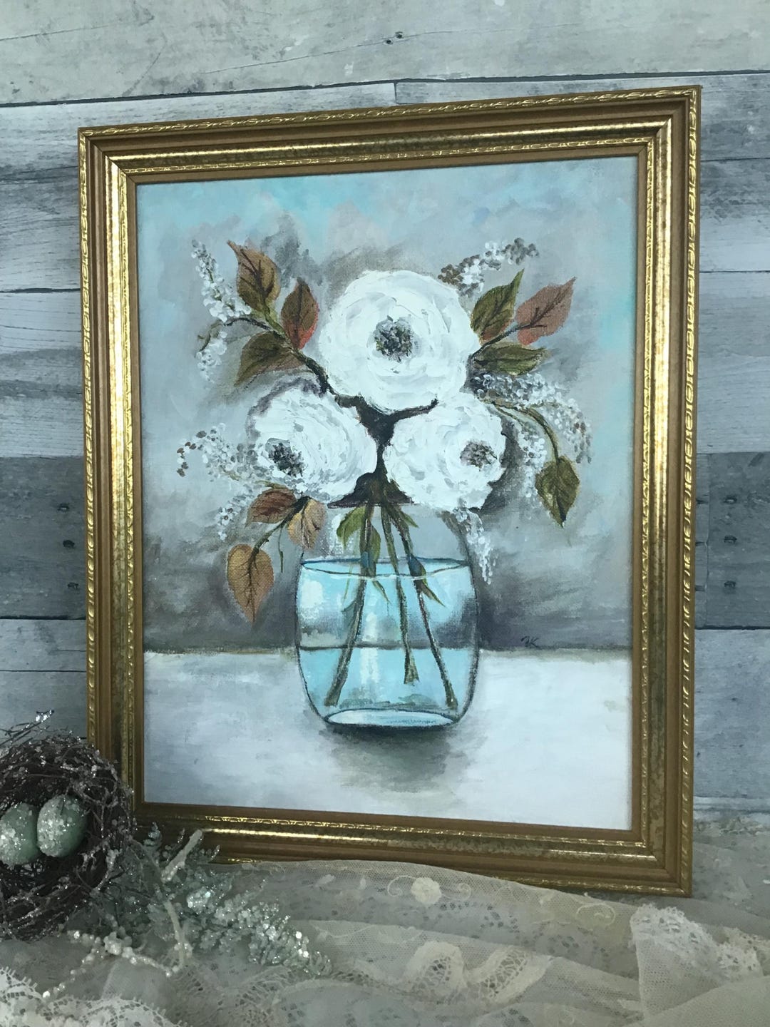 Original Shabby White ROSES Glass Vase PAINTING Wall Décor Still Life ...