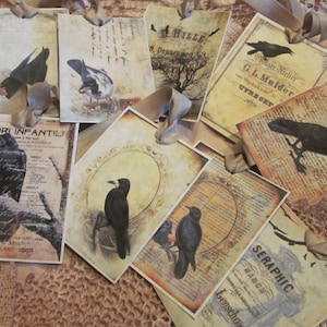 Vintage Crow RAVEN Crown Bird Gothic Halloween October Postcard Tags FALL 9