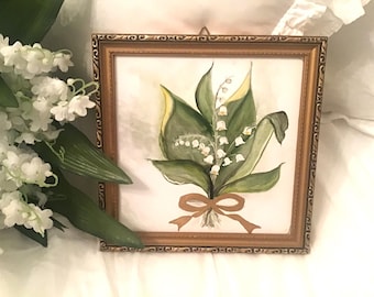 Small Lily of the Valey FRAMED Hand Painted Ceramic TILE