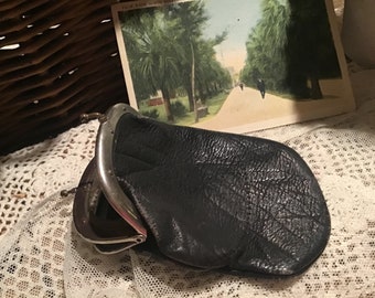 BLACK Antique Leather Coin Purse with Snap Closure  &  Post Card