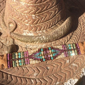 Hand loomed beaded leather bracelet. Rose garden. Rose, lime green, creams, copper, golds, turquoise. Boho.