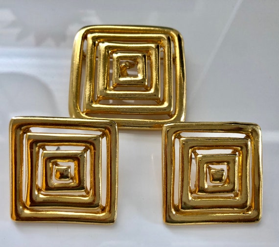 Gold-Tone "Square" Pierced Large Earrings and Lar… - image 1