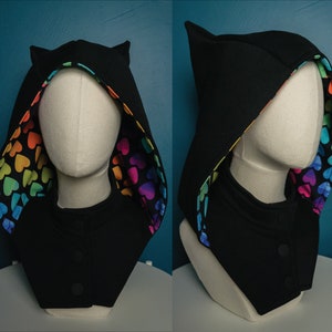 Black and rainbow Cat Ear Hood, soft handmade cotton hood accessory with neck warmer
