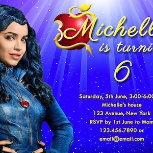 May include: A purple and blue birthday invitation with a cartoon image of a young woman with blue hair and a red apple with a golden stem. The text on the invitation reads "Michelle is turning 6" and includes details about the party, including the date, time, location, and RSVP information.