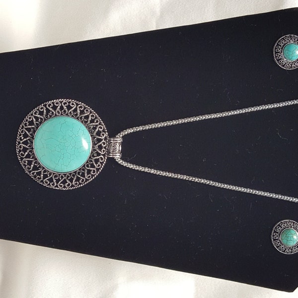 Vintage Tibetan Silver Large Oversized Turquoise Pendant Jewelry Set Necklace & Earring