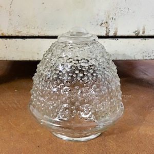 May include: A clear glass light fixture shade with a rounded, dome-like shape. The surface features a textured, raised pattern of small, circular bumps arranged in a repeating floral-like design, with a smooth, circular opening at the base.