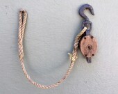 Antique Wood Iron And Rope Block And Tackle Industrial Nautical Rigging Pulley Vintage Barn Farmhouse Decor Repurposed Lighting Design