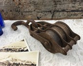Antique Triple Block And Tackle Pulley With Hook DIY Repurposed Lighting Design Garden Planter Hanger Vintage French Country Farmhouse Barn