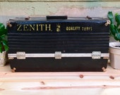 Antique ZENITH QUALITY TUBES Black Plastic Repairman Salesmen Case Mid Century Retro Tool Box Collectible Shabby Cottage Chic Decor