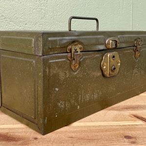 Metal Toolbox Chest — Antique Rustic Green New Britain Toolbox — Vintage Industrial Storage Tote