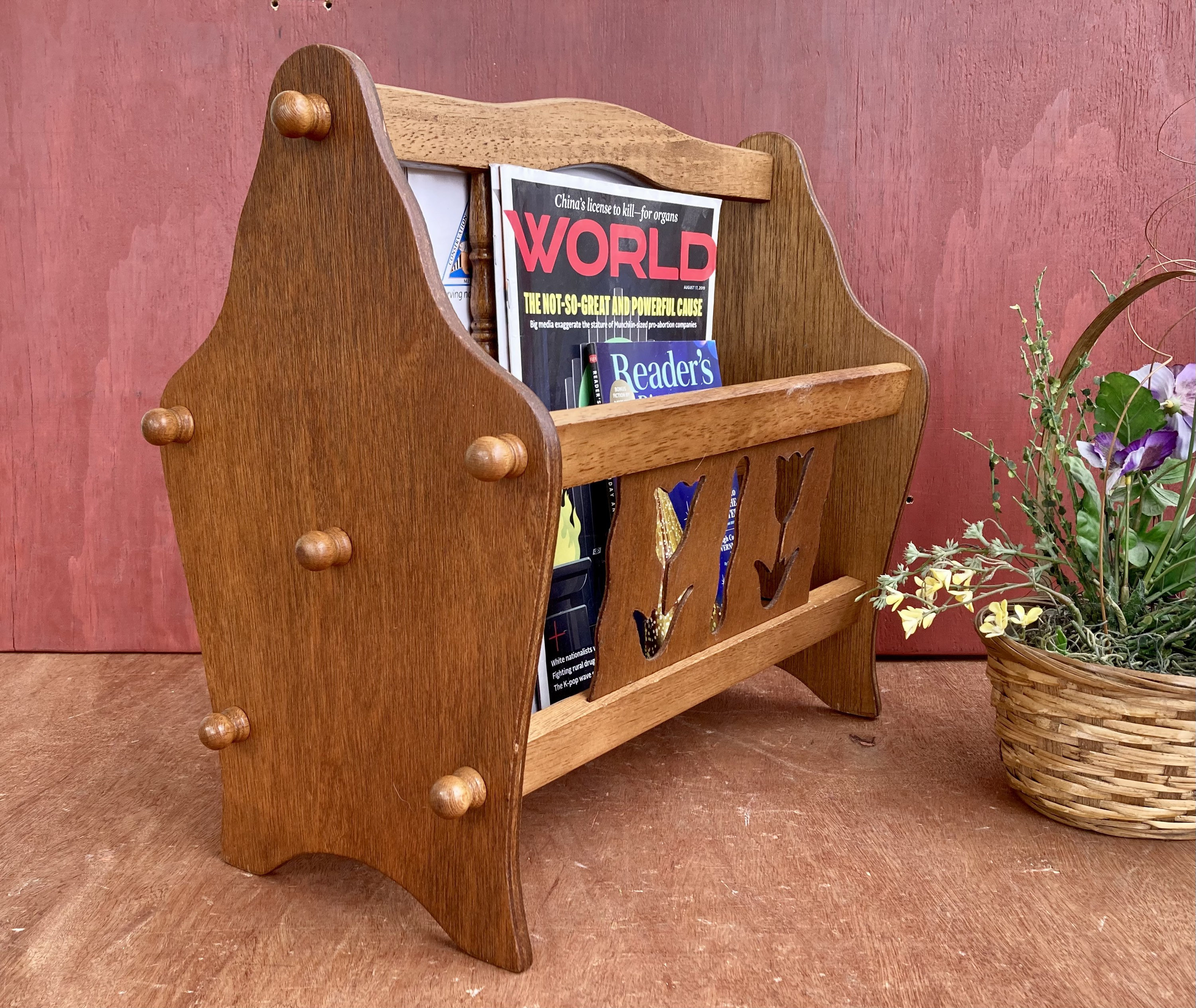Wood Magazine Holder — Vintage Wooden Magazine Rack — French