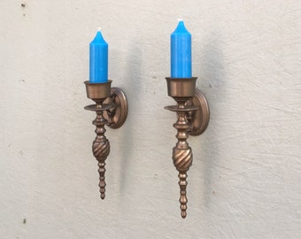 Brass Sconce Candlestick Holders — Pair Vintage Mid Century Retro Hollywood Regency Wall Decor