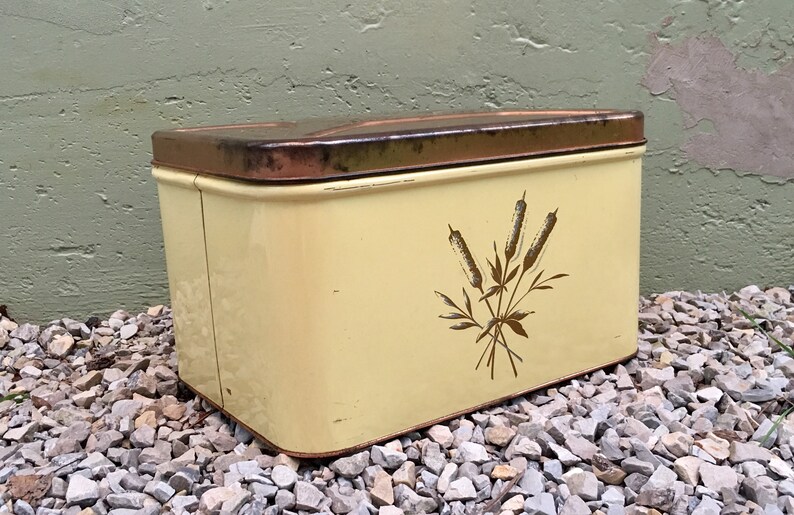 Vintage Yellow Decoware Metal Bread Box With Hinged Copper Etsy