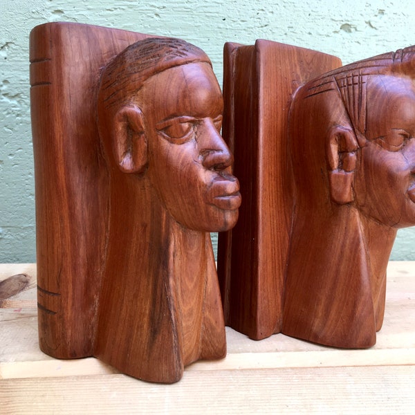Tribal Silhouettes Bookends Pair — 2 Hand Carved Wooden African Style Bookshelf Book Stops