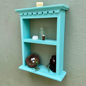 Vintage Wood Shelf —Rustic Handcrafted Blue Painted Cubby — 2 Tiered Wooden Display Rack