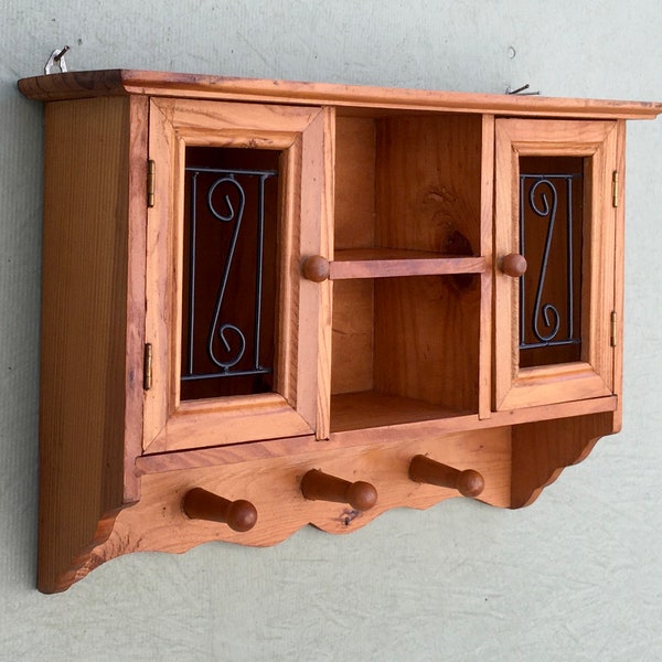 Vintage Handcrafted Rustic Pine Wall Mounted Jewelry Display Case — Wooden Hanging Makeup Storage Organizer With Pegs — FREE SHIPPING