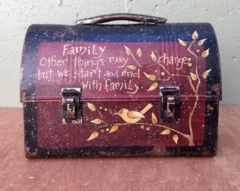 Hand Painted Antique Steel Lunch Box: OOAK Industrial Art Storage