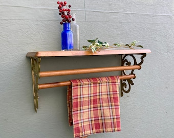 Antique Wood Shelf — Vintage French Country Wall Mount Shelving — Victorian Pine Kitchen Display — Towel Rod/Bar Rack — FREE SHIPPING