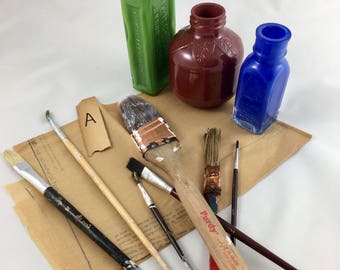 Vintage Lot 7 Used Paint Brushes Industrial Design Art Wall Hanging Mixed Media Altered Art Repurpose Upcycle Industrial Decor