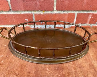Antique 1970s Faux Bamboo Style Oval Brass Tray With Handles