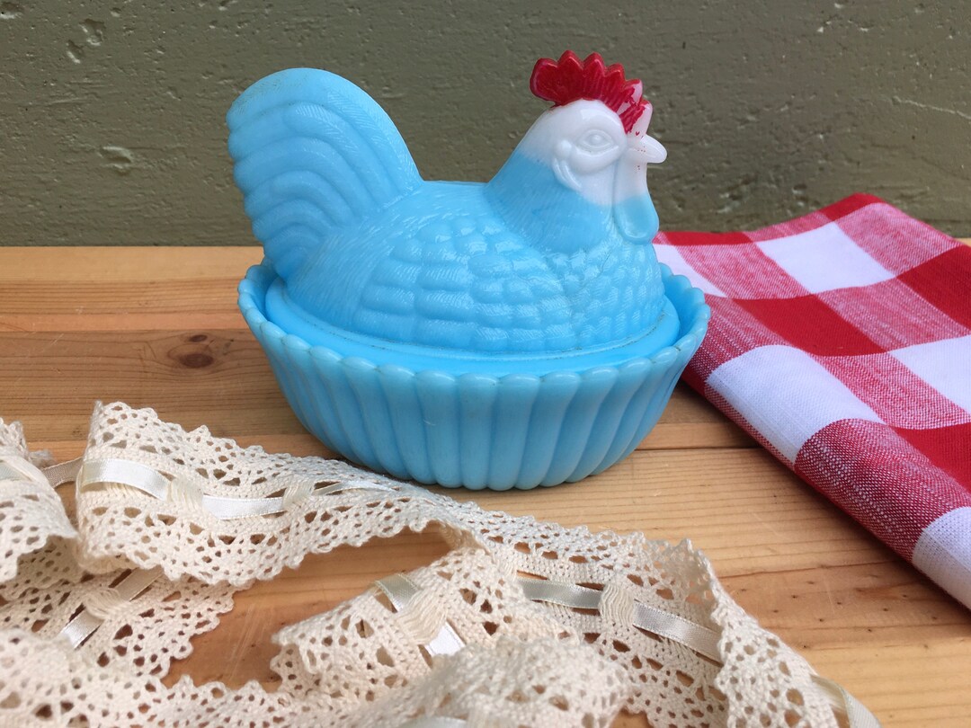 Nesting Hen Candy Dish Antique Blue White and Red Glass Dish Etsy