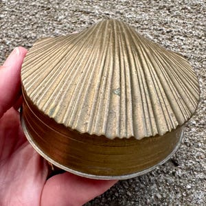 May include: A round brass trinket box featuring a lid shaped like a seashell with prominent radiating ridges. The base of the container is smooth and cylindrical, constructed from a metallic material with a warm, aged golden-brown patina finish.