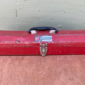 Antique Metal Tool Box — Lockable Rustic Red Toolbox — Vintage Industrial Tote