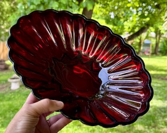 Antique Blood Red Depression Glass Scalloped Serving Bowl