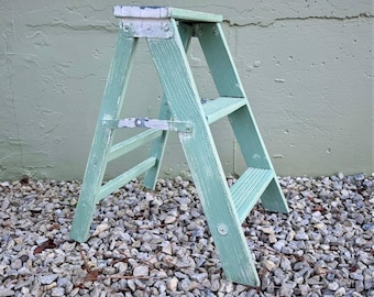 Antique Painted Wooden Step Ladder: Rustic Industrial Plant Stand (2 Foot)