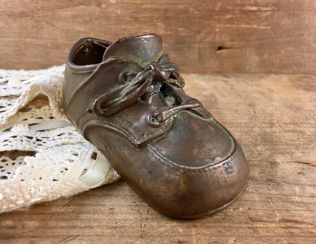 Bronze Baby Shoe Vintage First Shoe Copper Clad Leather Lace up Bootie