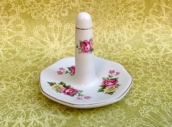 Ceramic Ring Holder Dish Adorned With Roses Vintage Fine Porcelain nightstand vanity Jewelry Tray Made in Hong Kong Etsy