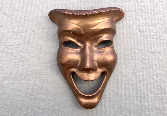 Vintage Brass New Orleans Mardi Gras Masquerade Gold Toned Metal Dramatic  Comedy Theatrical Mask Mid Century Theatre Wall Hanging 