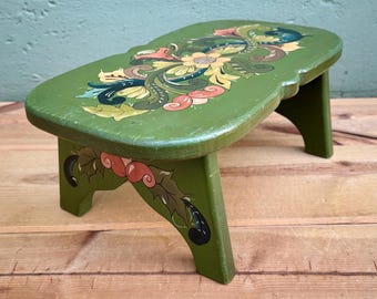 Antique/Vintage Wood Stool — Eclectic Art/Handcrafted Bench — Cottagecore Hand Painted Heirloom