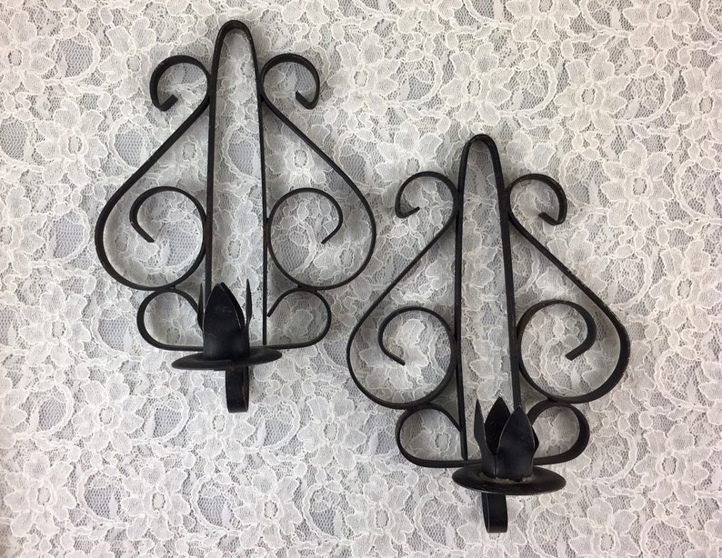 Vintage Pair Of Wrought Iron Wall Sconce Candlestick Holders