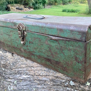 Antique Metal Tool Box — Lockable Rustic Green Toolbox — Vintage Industrial Tote