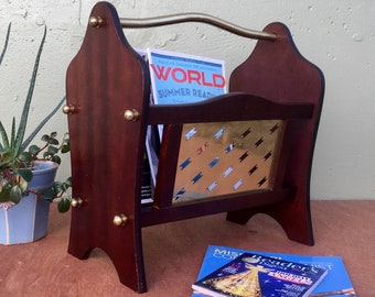Vintage Brass & Wood Magazine Rack Hollywood Regency Vinyl Storage