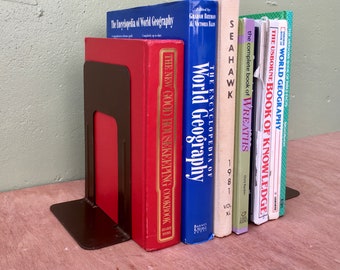 Minimalist Library Bookends—2 Vintage Basic Tall Brown Steel Industrial Bookshelf Book Stops—Homeschool Teachers Desktop Shelf Organizers