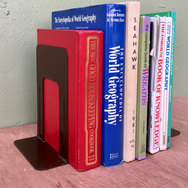 Minimalist Library Bookends—2 Vintage Basic Tall Brown Steel Industrial Bookshelf Book Stops—Homeschool Teachers Desktop Shelf Organizers